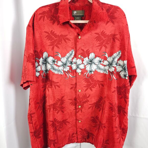 Island Tropics Mens Large Red Floral Hawaiian Button Up Down Shirt - Picture 1 of 7